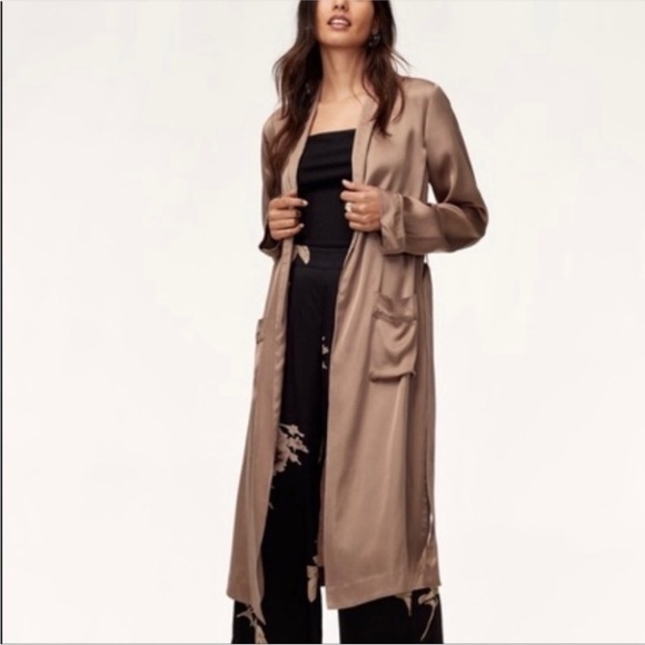 Aritzia Jackets & Blazers - Aritzia Wilfred taupe satin silk robe boudoir maxi jacket cardigan size XXS